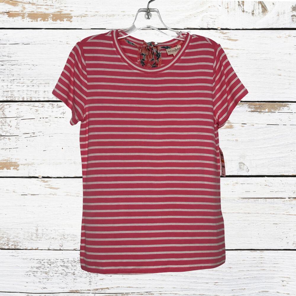 Maison Jules Short Sleeve Striped Tie Neck T Shirt Pink White Small